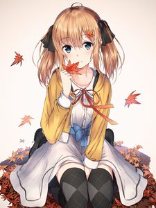 Preview wallpaper girl, dress, maple, leaves, anime