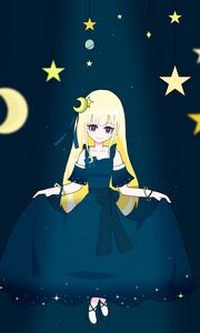 Preview wallpaper girl, dress, moon, stars, anime, art, cartoon