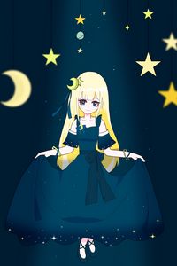 Preview wallpaper girl, dress, moon, stars, anime, art, cartoon