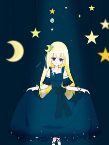 Preview wallpaper girl, dress, moon, stars, anime, art, cartoon