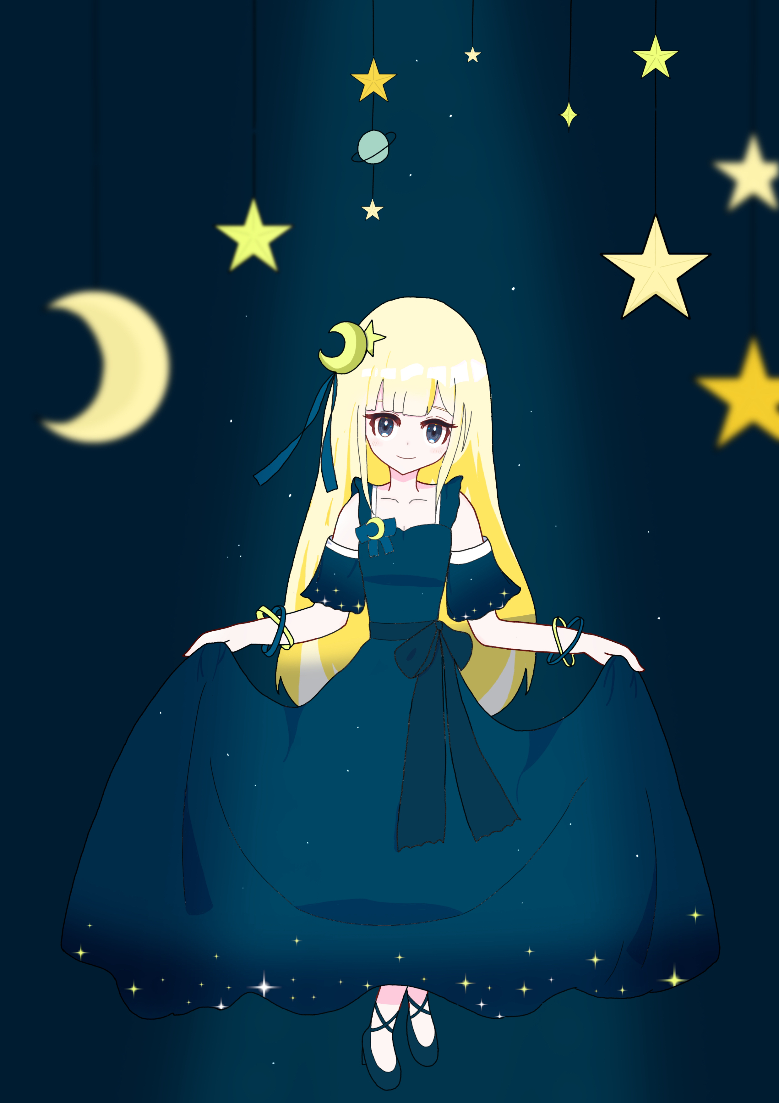 Download Wallpaper 2480x3508 Girl Dress Moon Stars Anime Art