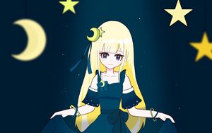 Preview wallpaper girl, dress, moon, stars, anime, art, cartoon