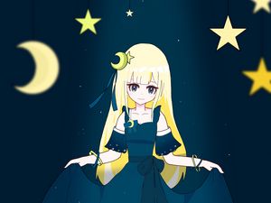 Preview wallpaper girl, dress, moon, stars, anime, art, cartoon