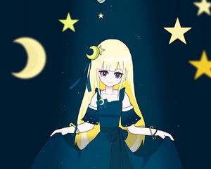 Preview wallpaper girl, dress, moon, stars, anime, art, cartoon