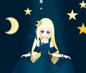 Preview wallpaper girl, dress, moon, stars, anime, art, cartoon