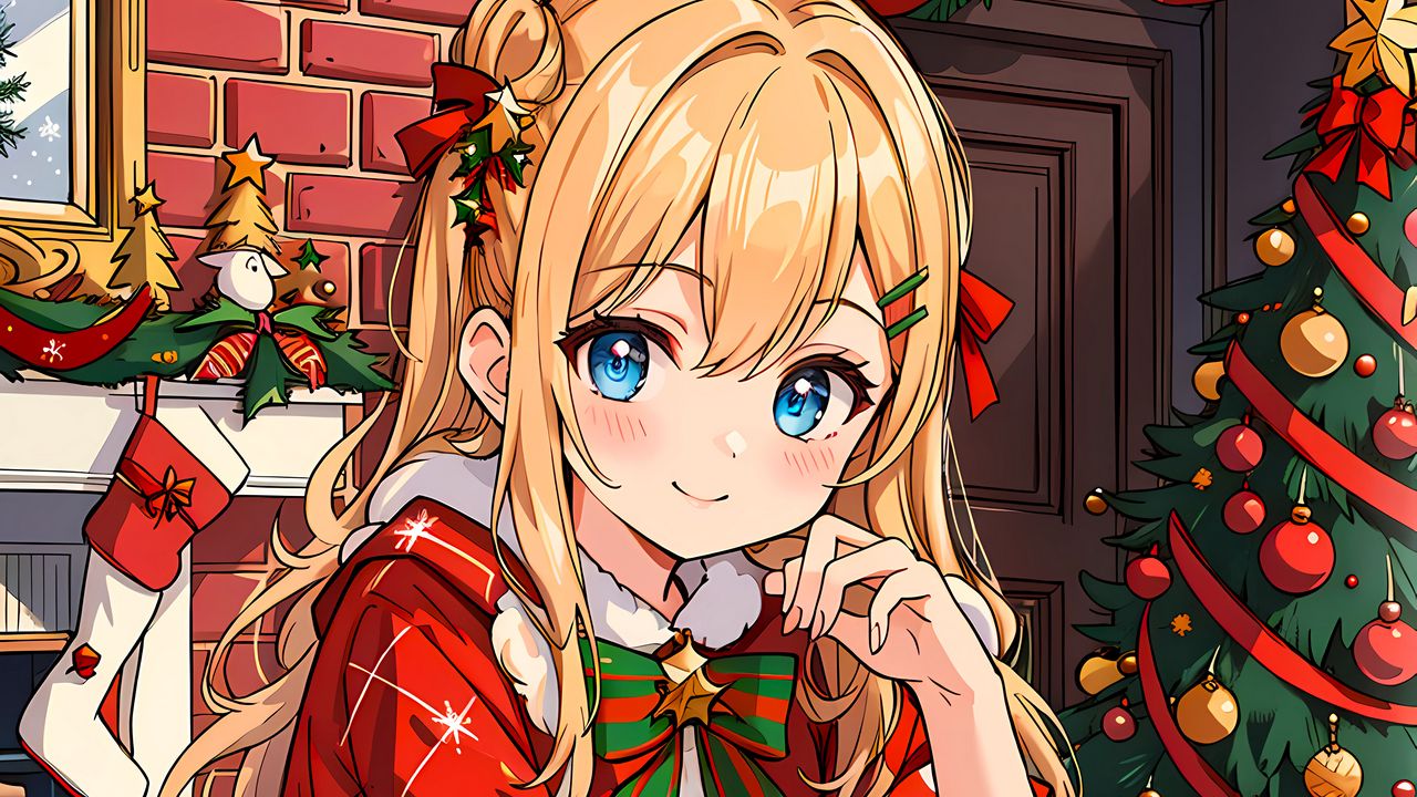 Wallpaper girl, dress, new year, christmas, gifts, christmas tree, anime