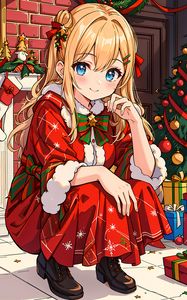 Preview wallpaper girl, dress, new year, christmas, gifts, christmas tree, anime