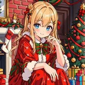 Preview wallpaper girl, dress, new year, christmas, gifts, christmas tree, anime