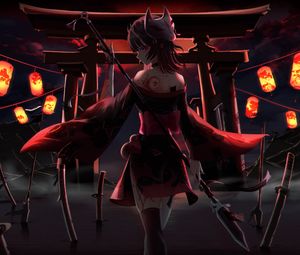 Preview wallpaper girl, dress, ninja, lanterns, anime, art