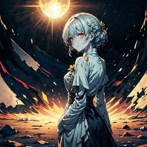 Preview wallpaper girl, dress, planet, light, art, anime
