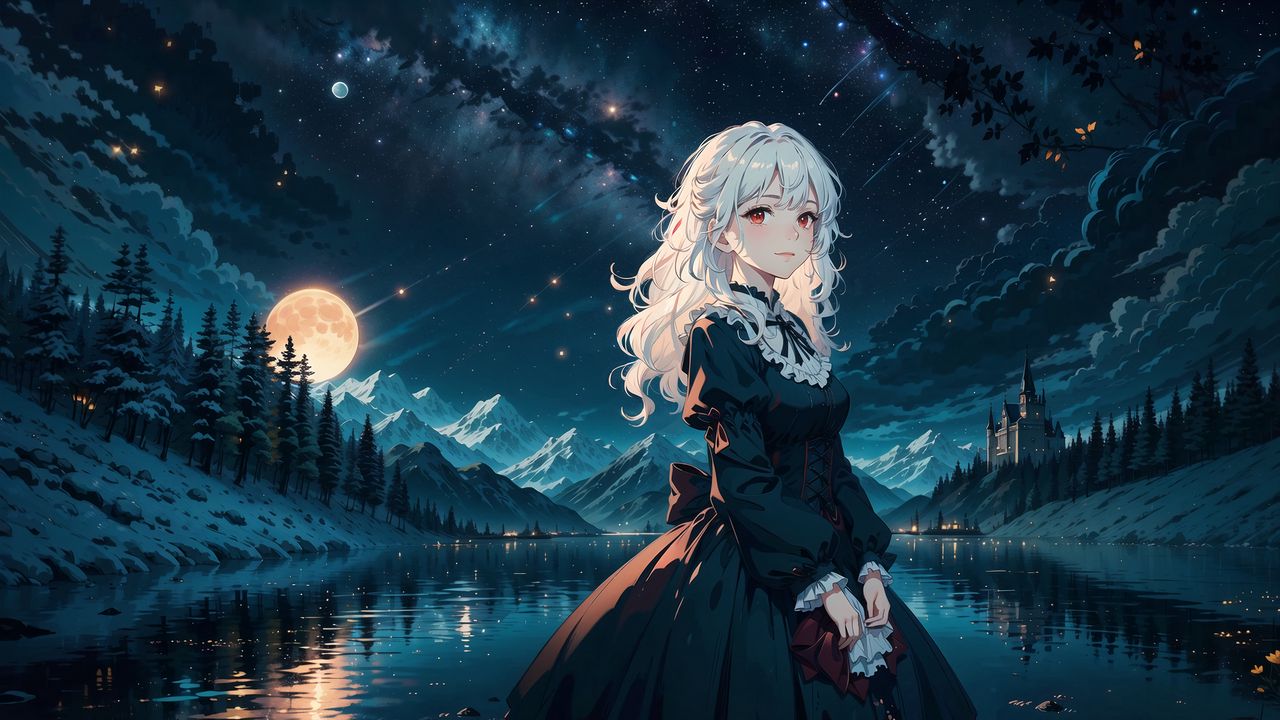 Wallpaper girl, dress, pond, mountains, moon, night, anime