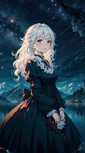 Preview wallpaper girl, dress, pond, mountains, moon, night, anime