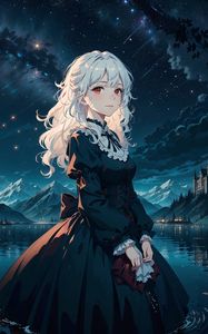 Preview wallpaper girl, dress, pond, mountains, moon, night, anime