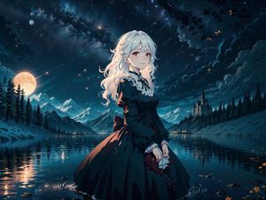 Preview wallpaper girl, dress, pond, mountains, moon, night, anime