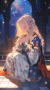 Preview wallpaper girl, dress, pose, arch, stars, night, anime