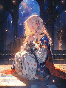 Preview wallpaper girl, dress, pose, arch, stars, night, anime