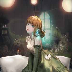 Preview wallpaper girl, dress, pose, anime, art, green