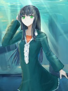 Preview wallpaper girl, dress, rays, anime, art, blue