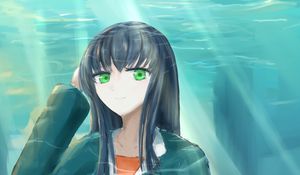 Preview wallpaper girl, dress, rays, anime, art, blue