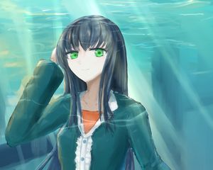 Preview wallpaper girl, dress, rays, anime, art, blue