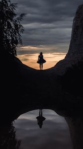 Preview wallpaper girl, dress, reflection, lake, mountain, tree, clouds