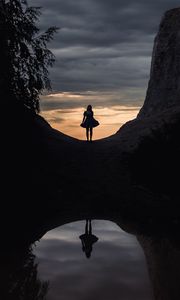 Preview wallpaper girl, dress, reflection, lake, mountain, tree, clouds