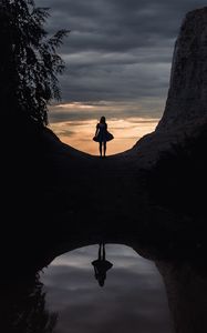 Preview wallpaper girl, dress, reflection, lake, mountain, tree, clouds