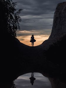 Preview wallpaper girl, dress, reflection, lake, mountain, tree, clouds