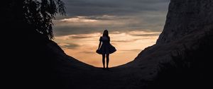 Preview wallpaper girl, dress, reflection, lake, mountain, tree, clouds