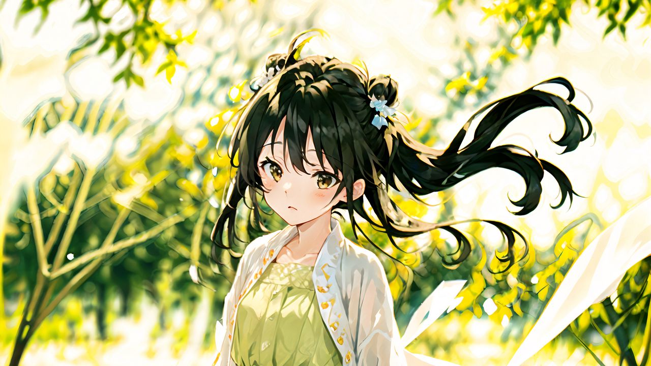 Wallpaper girl, dress, ribbons, grass, glare, anime