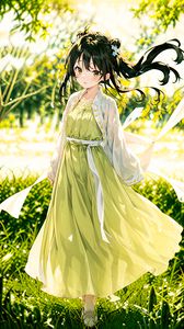 Preview wallpaper girl, dress, ribbons, grass, glare, anime