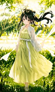 Preview wallpaper girl, dress, ribbons, grass, glare, anime