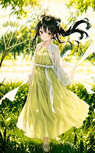 Preview wallpaper girl, dress, ribbons, grass, glare, anime
