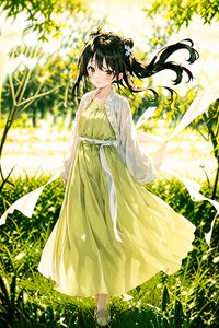 Preview wallpaper girl, dress, ribbons, grass, glare, anime