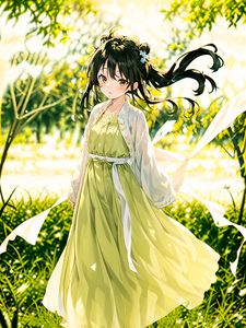 Preview wallpaper girl, dress, ribbons, grass, glare, anime