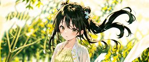 Preview wallpaper girl, dress, ribbons, grass, glare, anime