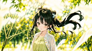 Preview wallpaper girl, dress, ribbons, grass, glare, anime
