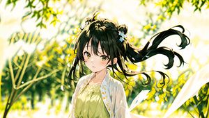 Preview wallpaper girl, dress, ribbons, grass, glare, anime