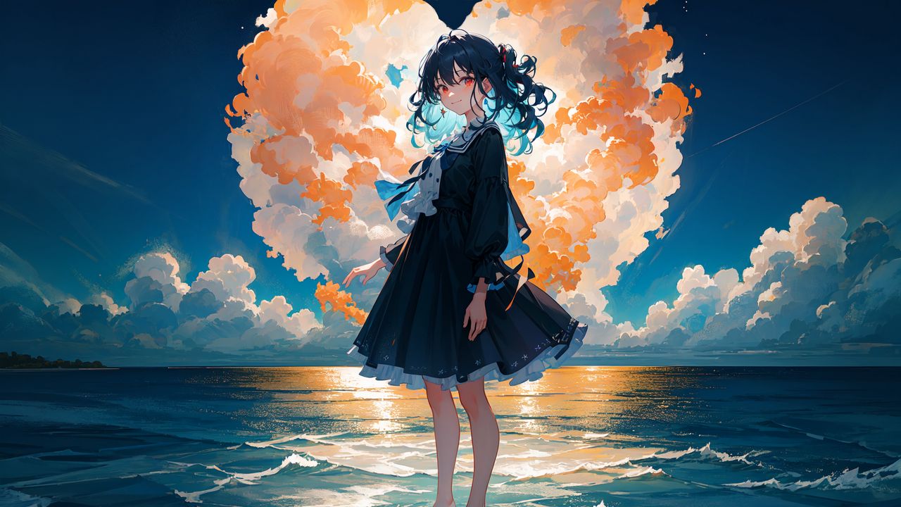 Wallpaper girl, dress, sea, clouds, heart, anime