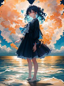 Preview wallpaper girl, dress, sea, clouds, heart, anime