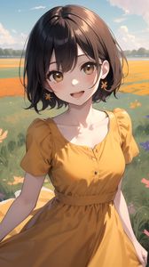 Preview wallpaper girl, dress, smile, flowers, field, anime