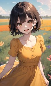 Preview wallpaper girl, dress, smile, flowers, field, anime