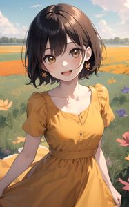 Preview wallpaper girl, dress, smile, flowers, field, anime