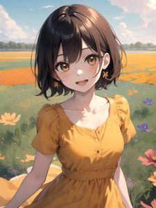 Preview wallpaper girl, dress, smile, flowers, field, anime