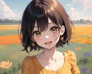 Preview wallpaper girl, dress, smile, flowers, field, anime