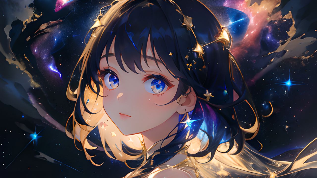 Wallpaper girl, dress, stars, space, jewelry, anime