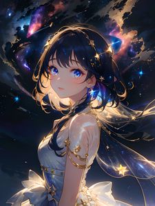 Preview wallpaper girl, dress, stars, space, jewelry, anime