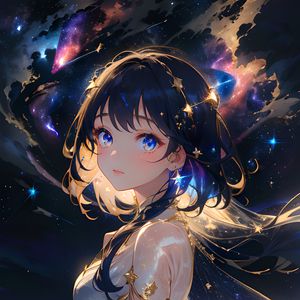 Preview wallpaper girl, dress, stars, space, jewelry, anime
