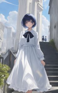 Preview wallpaper girl, dress, steps, buildings, white, anime