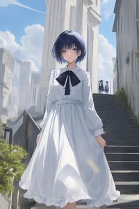 Preview wallpaper girl, dress, steps, buildings, white, anime